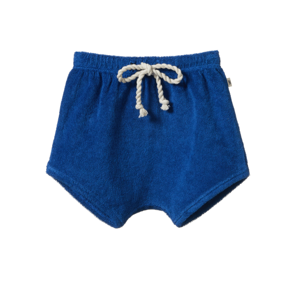 Blue shorts with a drawstring on a white background