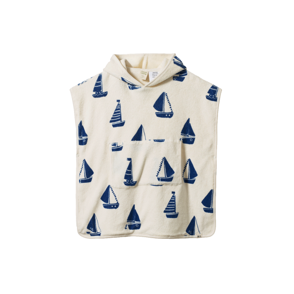Children's hooded towel with blue sailboat pattern on a white background