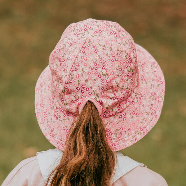 Back view of girl wearing BEDHEAD HATS Kids Ponytail Bucket Sun Hat - Bridgette