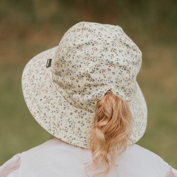 Back view of girl wearing BEDHEAD HATS Kids Ponytail Bucket Sun Hat - Charlotte