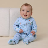 Baby sitting on floor wearing SNUGGLE HUNNY Blue Ocean Organic Snugglesuit Convertible Romper