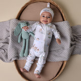 Baby lying in bassinet wearing SNUGGLE HUNNY Duck Pond Organic Snugglesuit Convertible Romper