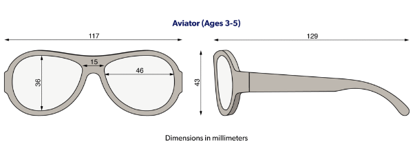 Babiators Aviators Sunglasses size chart 3-5 years