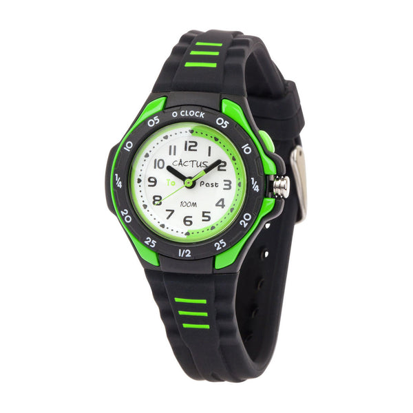 Black Kids Waterproof Watch with green trim - Time Teacher