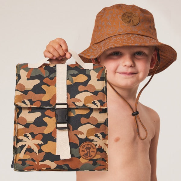 Child holding the CRYWOLF Insulated Lunch Bag - Beach Camo