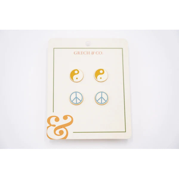 GRECH & CO Enamel Earrings 2 pairs - Ying Yang + Peace sign