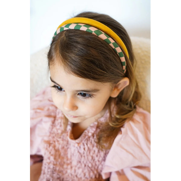 Child wearing the GRECH & CO Headband - Set of 2 - Checks Sunset + Orchard
