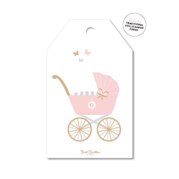 JUST SMITTEN CARDS | Pink Pram Baby Gift Tag