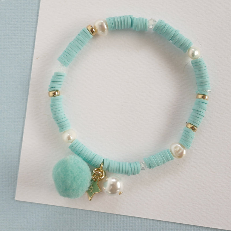 LAUREN HINKLEY Aqua Blue Bracelet with Pom Pom and Pearl