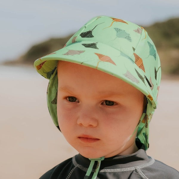 Baby wearing the BEDHEAD HATS Kids Swim Legionnaire Beach Hat - Rays 